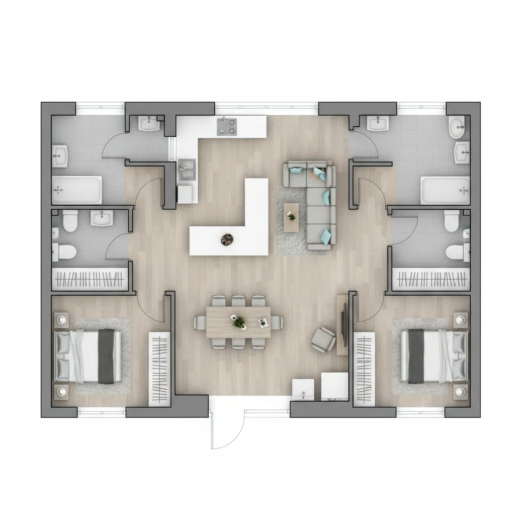 2BHK floor plan layout for a 1200 sq ft 20x60 house