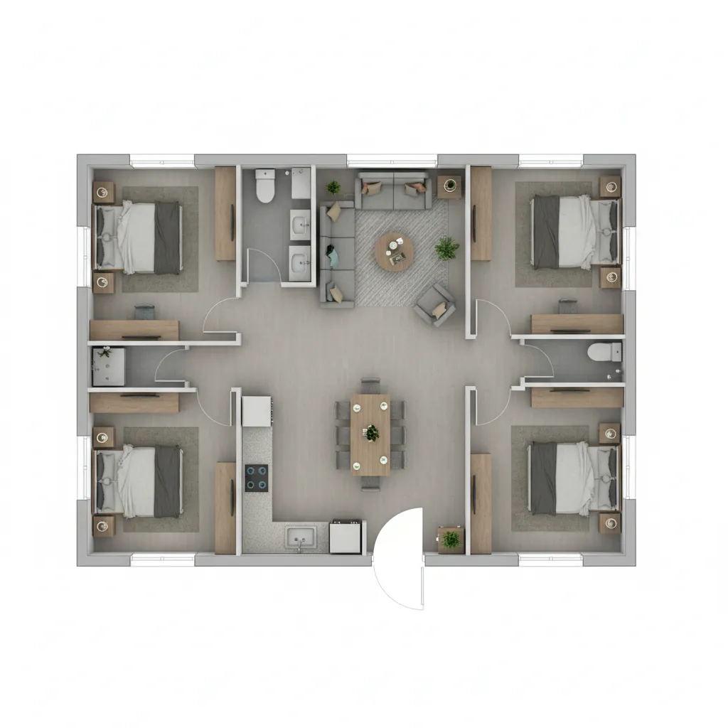 Compact 3BHK floor plan inside a 1200 sq ft 20x60 plot