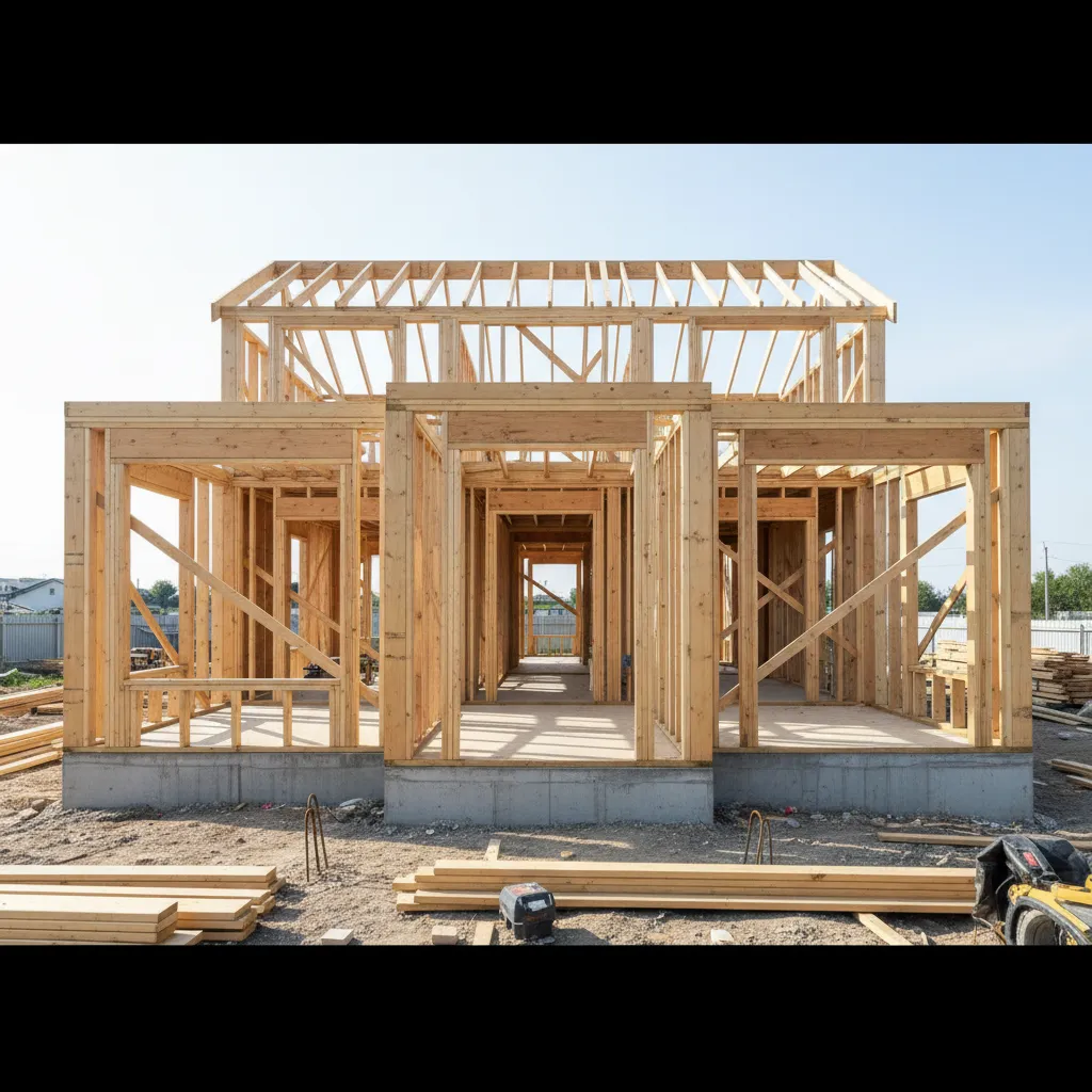 Framing stage of a small 1200 sq ft house showing structural materials and layout