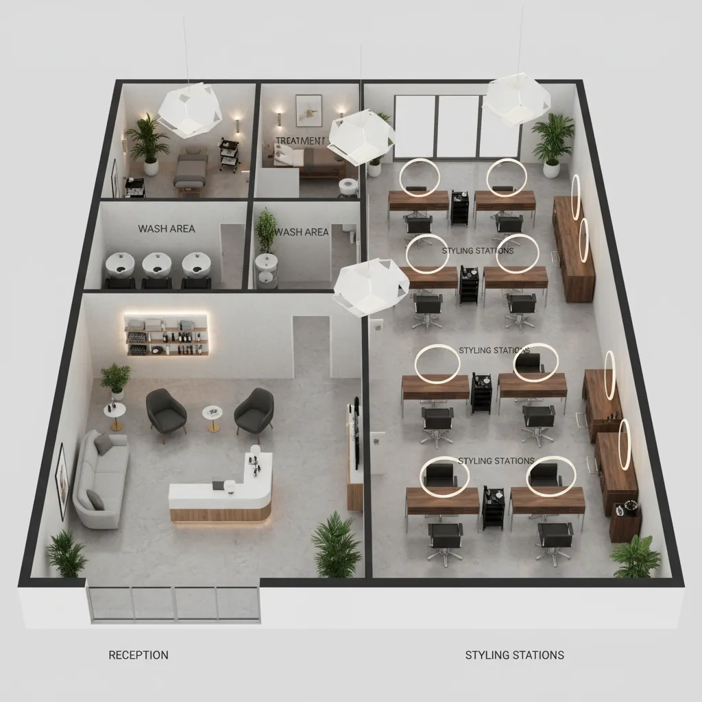 3D visualization of a 1200 sq ft salon floor plan with stations reception and wash area