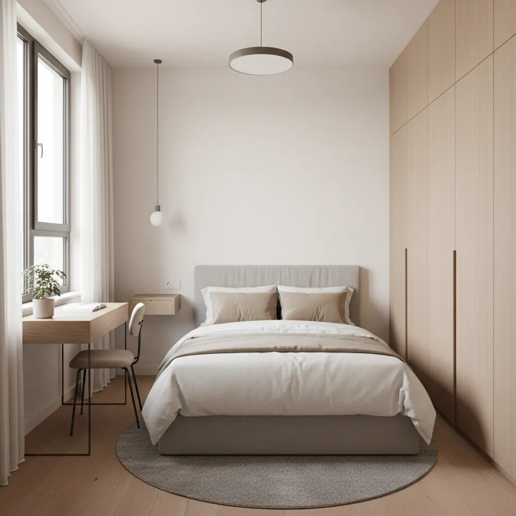 compact 126 sq ft bedroom with bed desk and wardrobe layout example