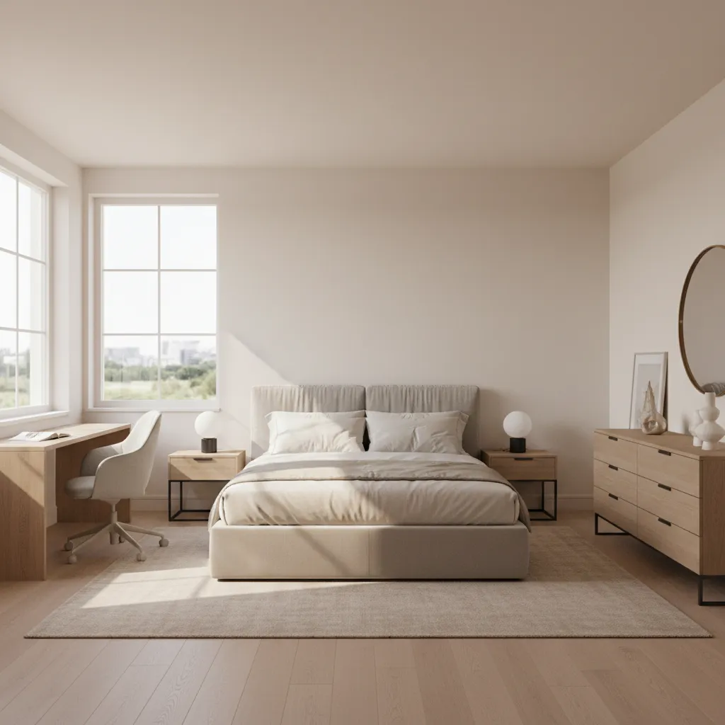 overview of a square 12x12 bedroom layout with bed desk and dresser