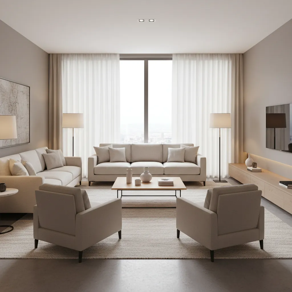 Living room layout showing large area rug anchoring sofa and chairs