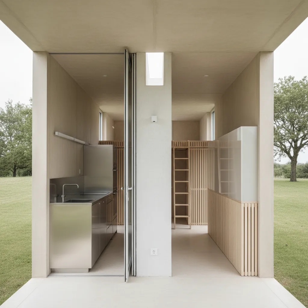 Interior view of a modern cabin showing a small kitchen and wood ladder in nature