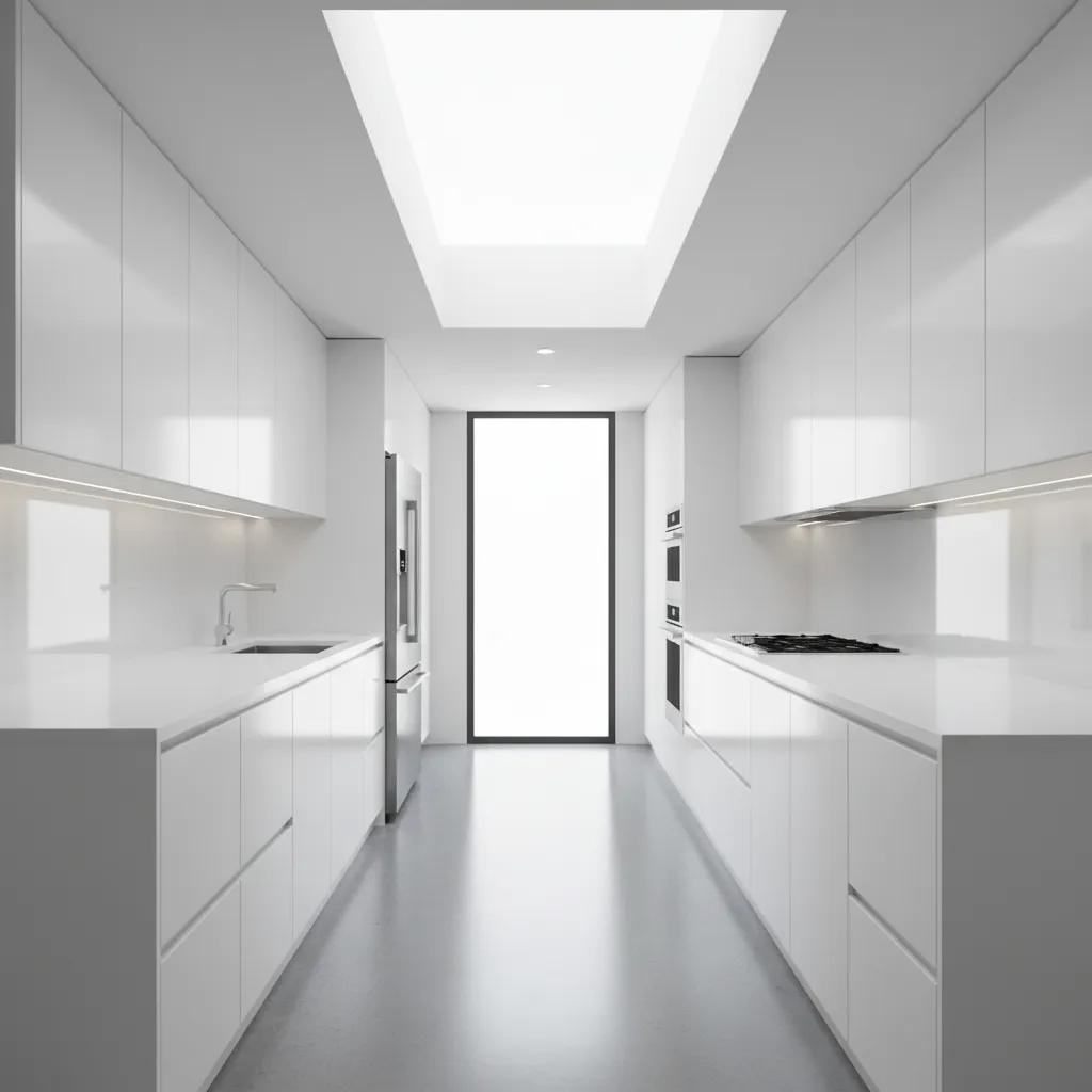 long galley kitchen layout inside a 12x20 rectangular room