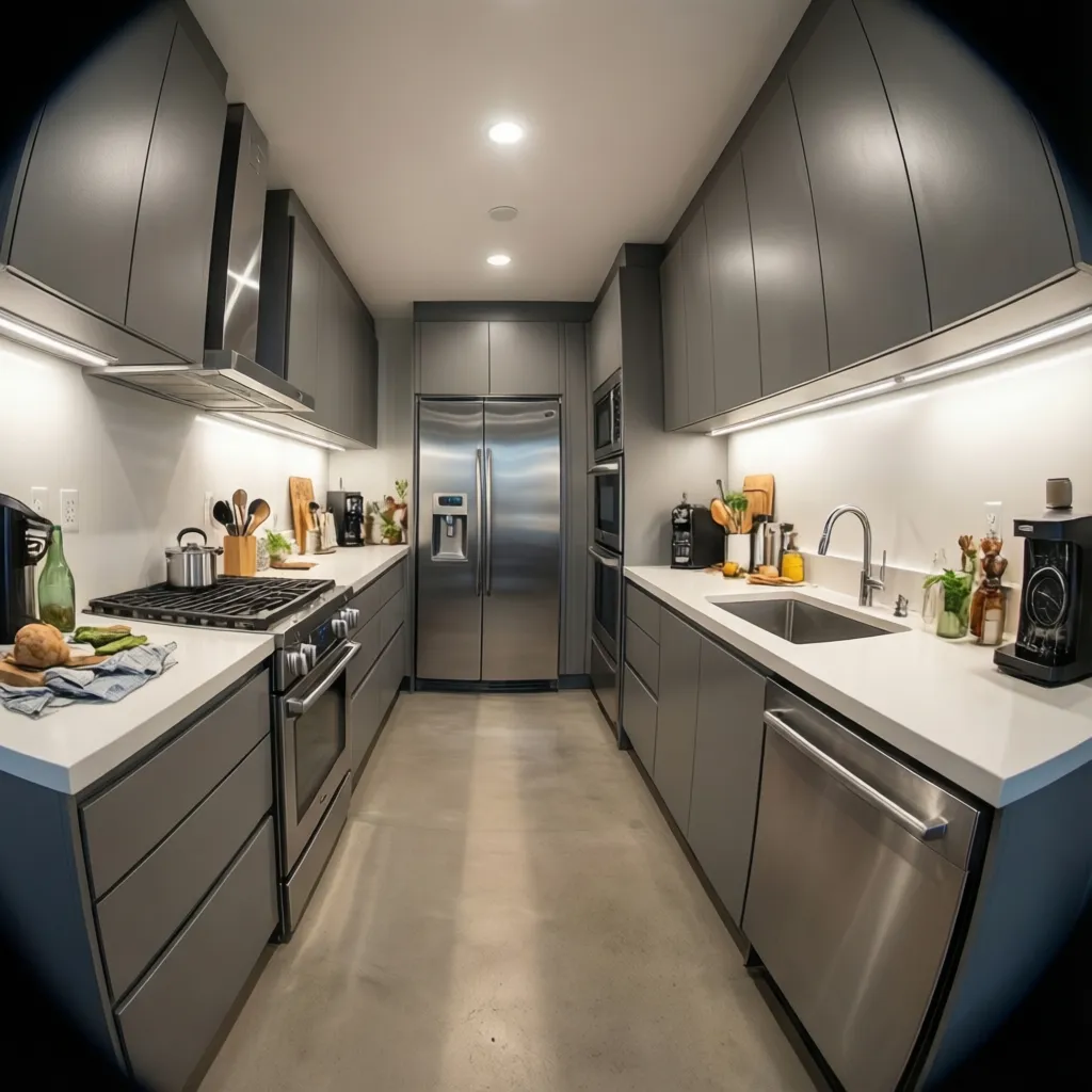 galley layout in a 12x20 rectangular kitchen with parallel cabinets