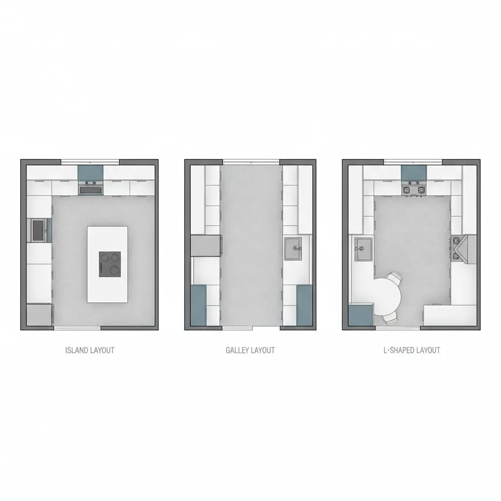 top view floor plan showing island galley and L shaped 12x20 kitchen layouts