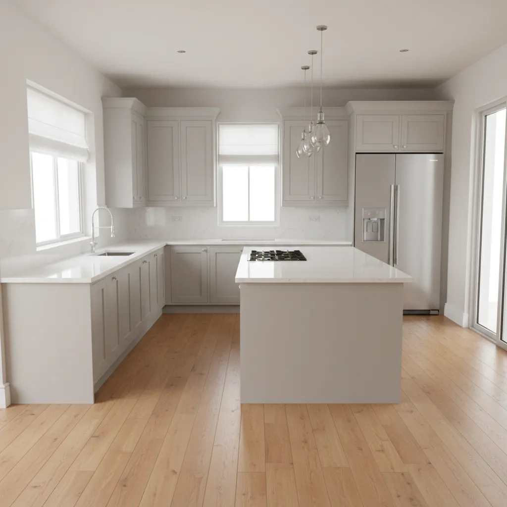 Rectangular 12x20 kitchen layout with island and work triangle zones