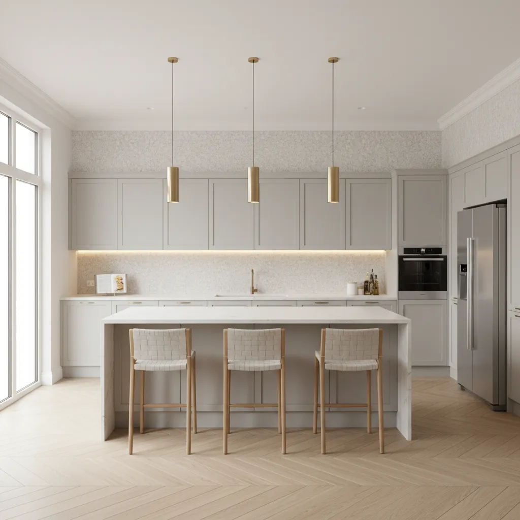 Bright 12x20 kitchen with island lighting and spacious visual design
