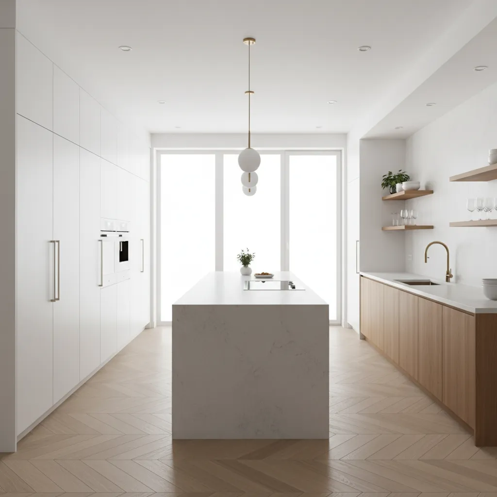 Wide view of a rectangular 12x20 kitchen layout with island and long cabinet walls