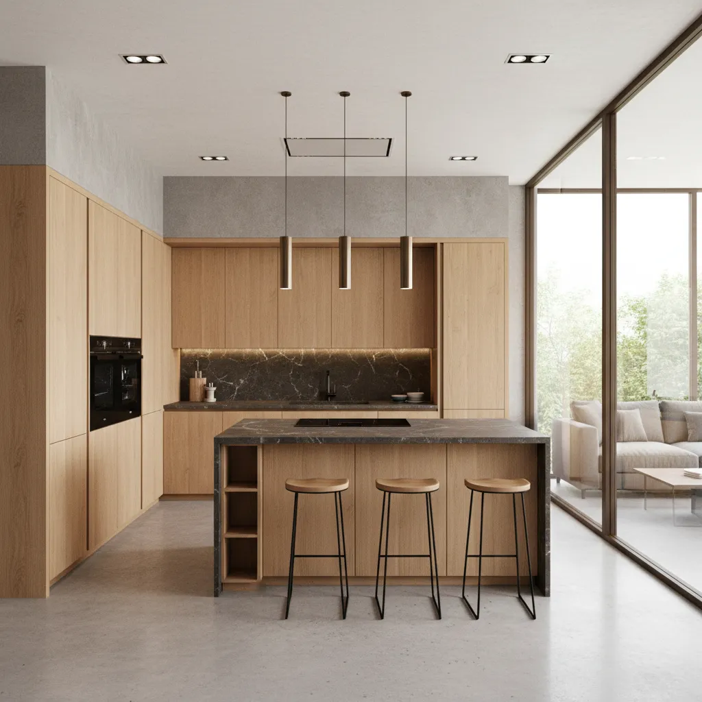 L shaped kitchen with island layout in a 12x20 open space