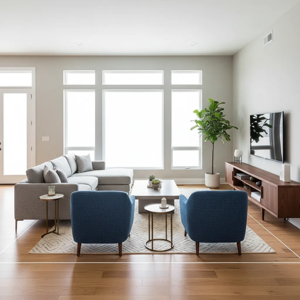 Example furniture layout for a 12x24 rectangular living room