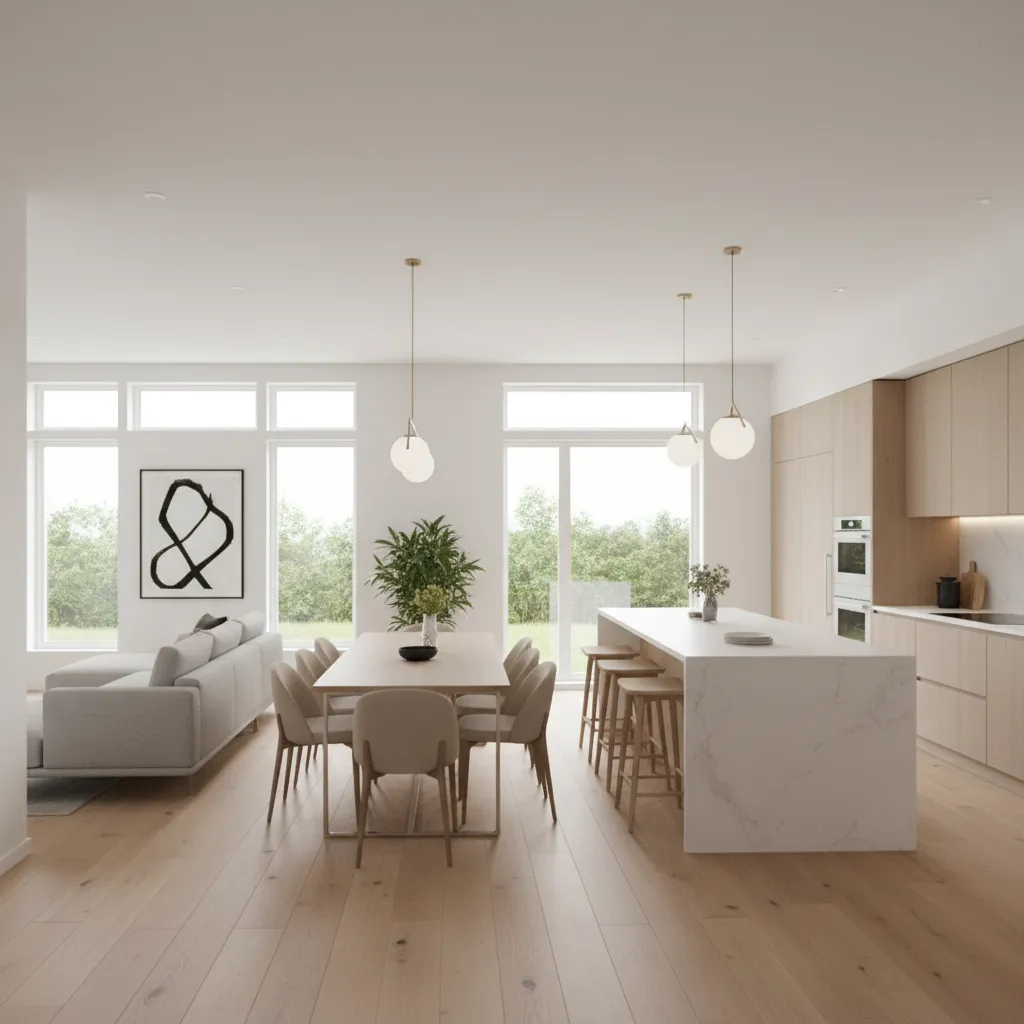 Open concept living room and kitchen inside a 1300 sq ft home