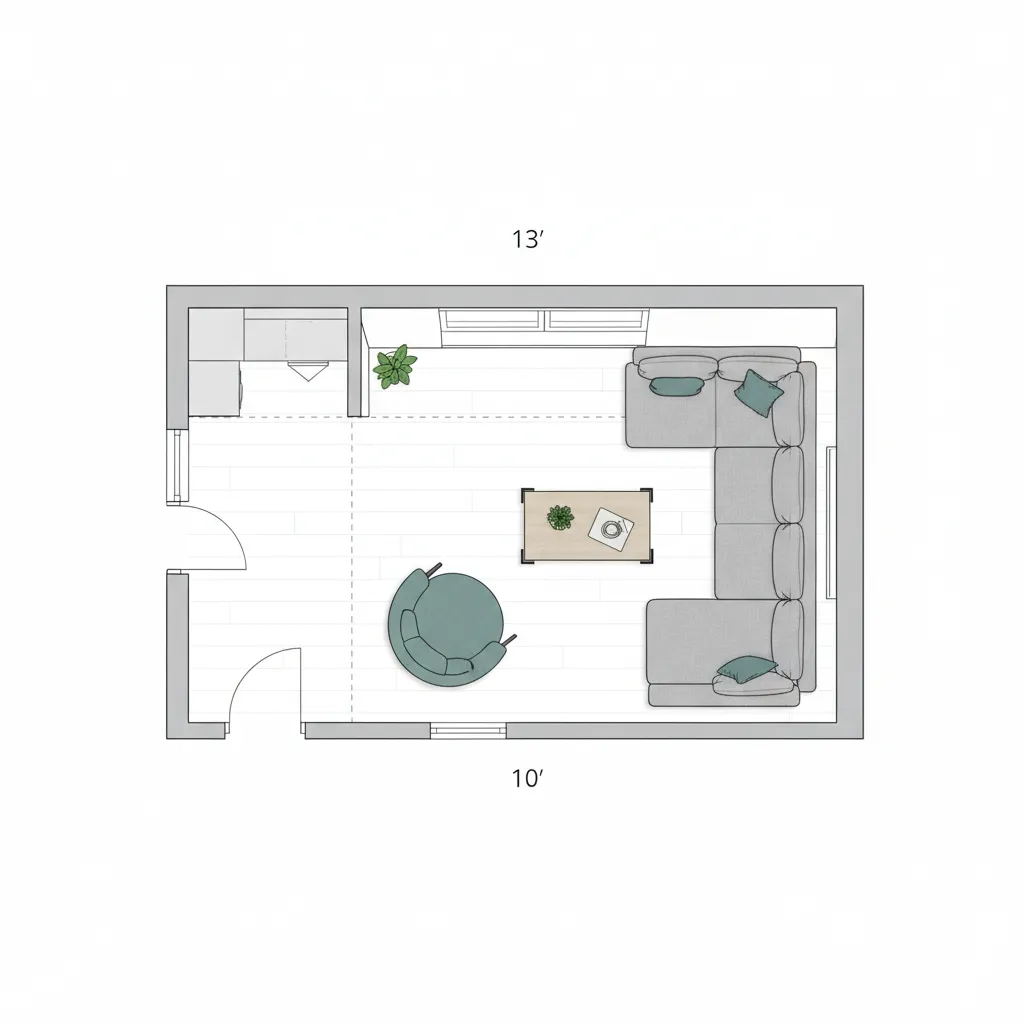 top view floor plan of a 13x10 living room layout with sofa chair and circulation path