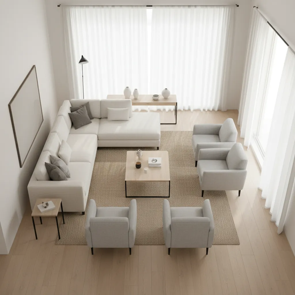 Interior overview of a well arranged 13x16 living room with open circulation