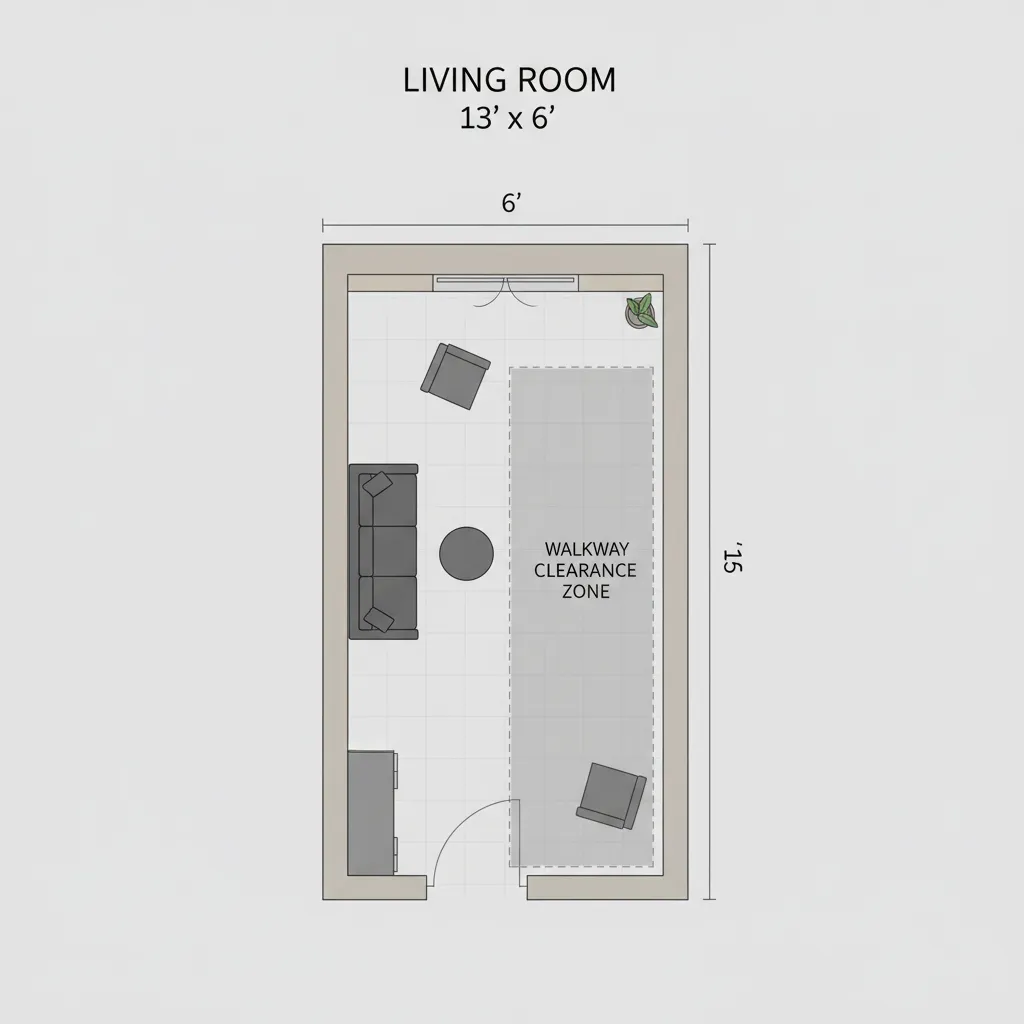 Top down layout diagram of a 13x6 living room showing sofa and walkway clearance