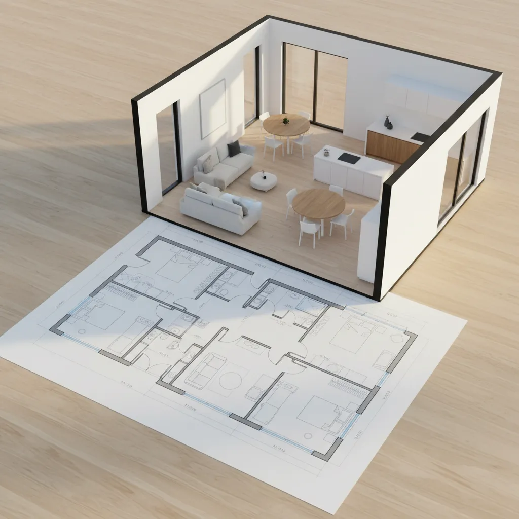 Interior design drawing showing a three dimensional house model placed over a paper floor plan