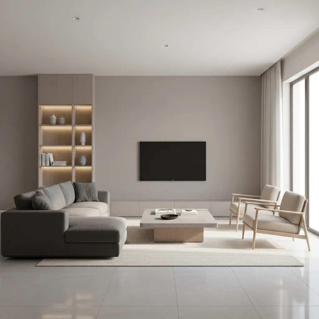 Square 14x14 living room layout with sofa facing wall mounted TV