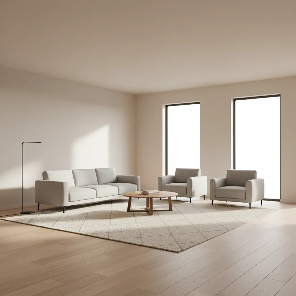 modern 14x20 living room with balanced seating and open circulation space