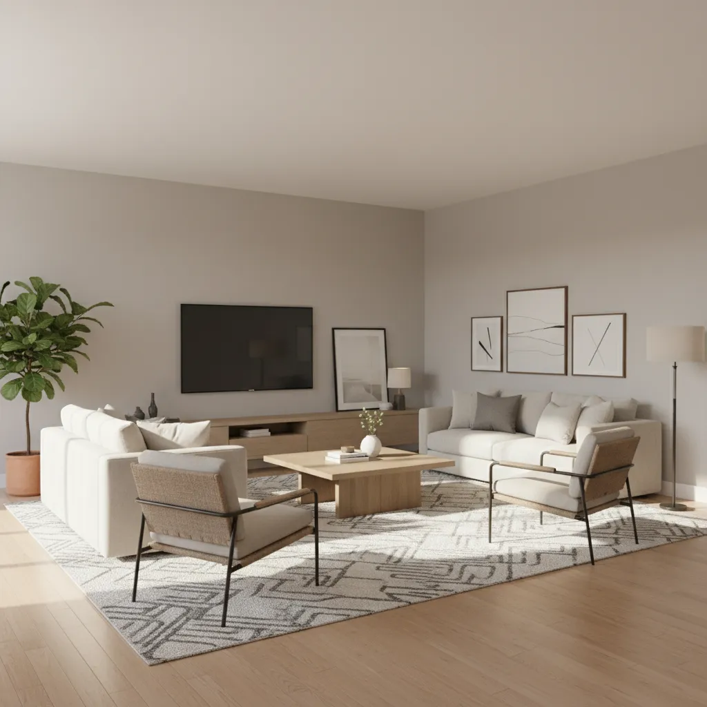 Example layout of a 14x20 living room with sofa chairs and rug