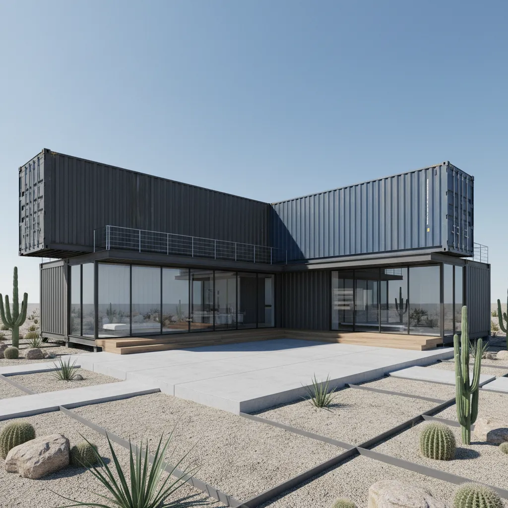 Modern 1500 sq ft container home exterior made from multiple shipping containers