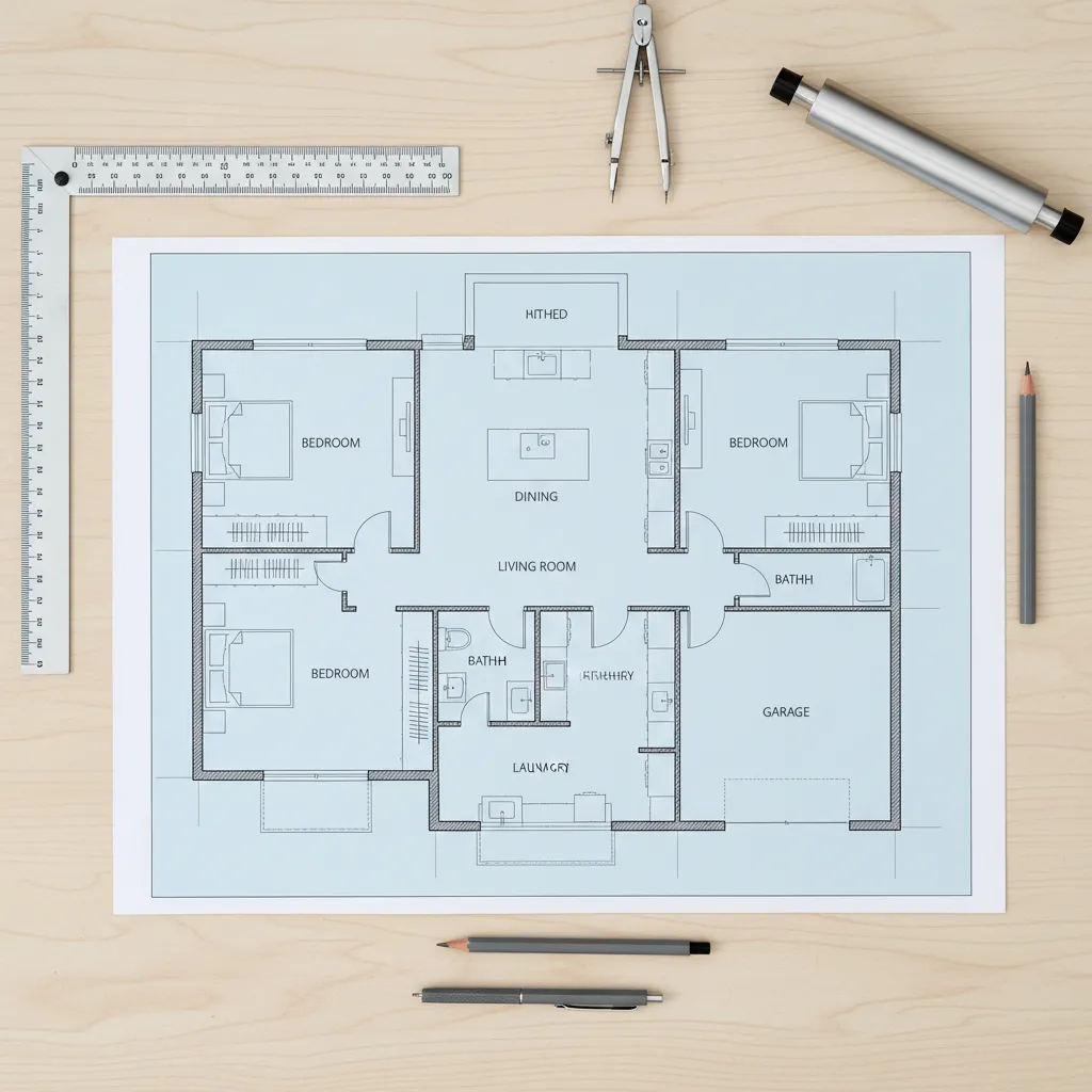 Architectural floor plan layout for a 1500 sq ft house showing room arrangement