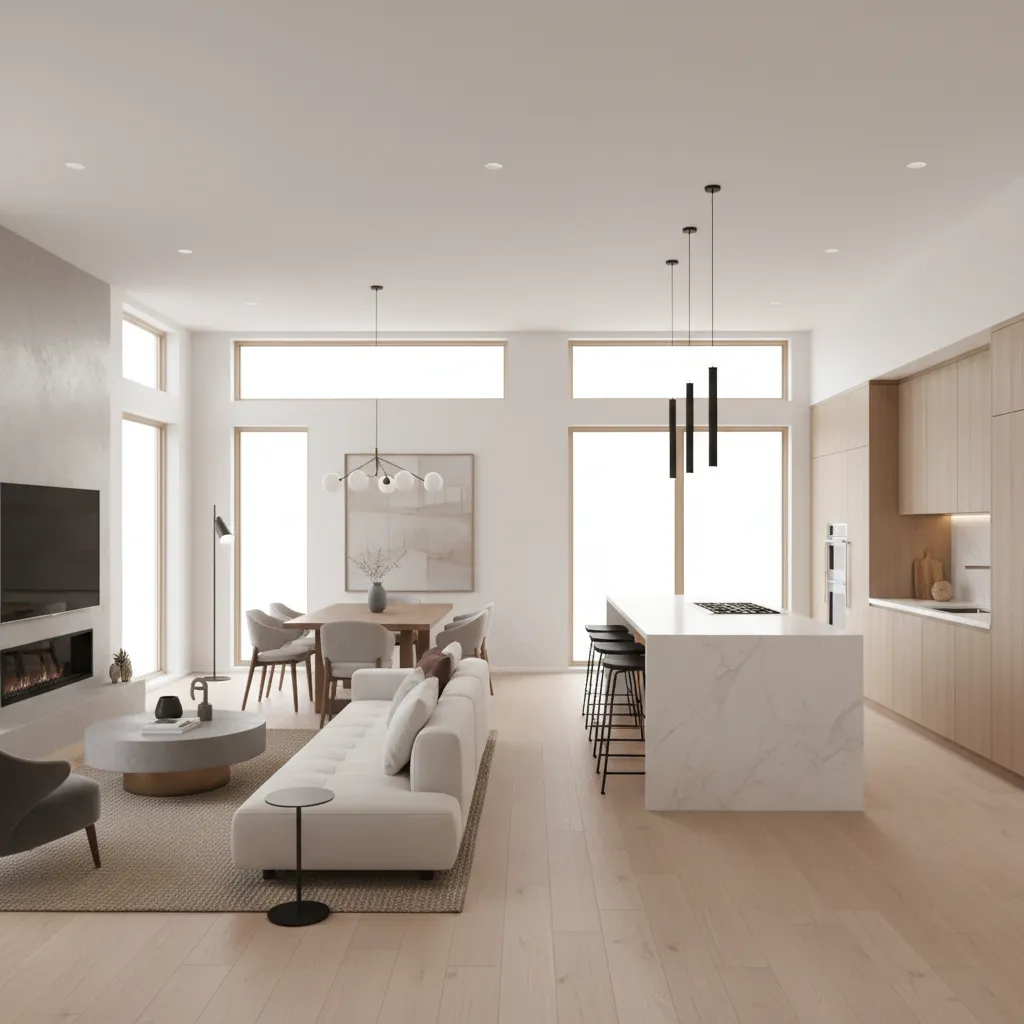 Interior layout concept of a 1500 sq ft house with open living space