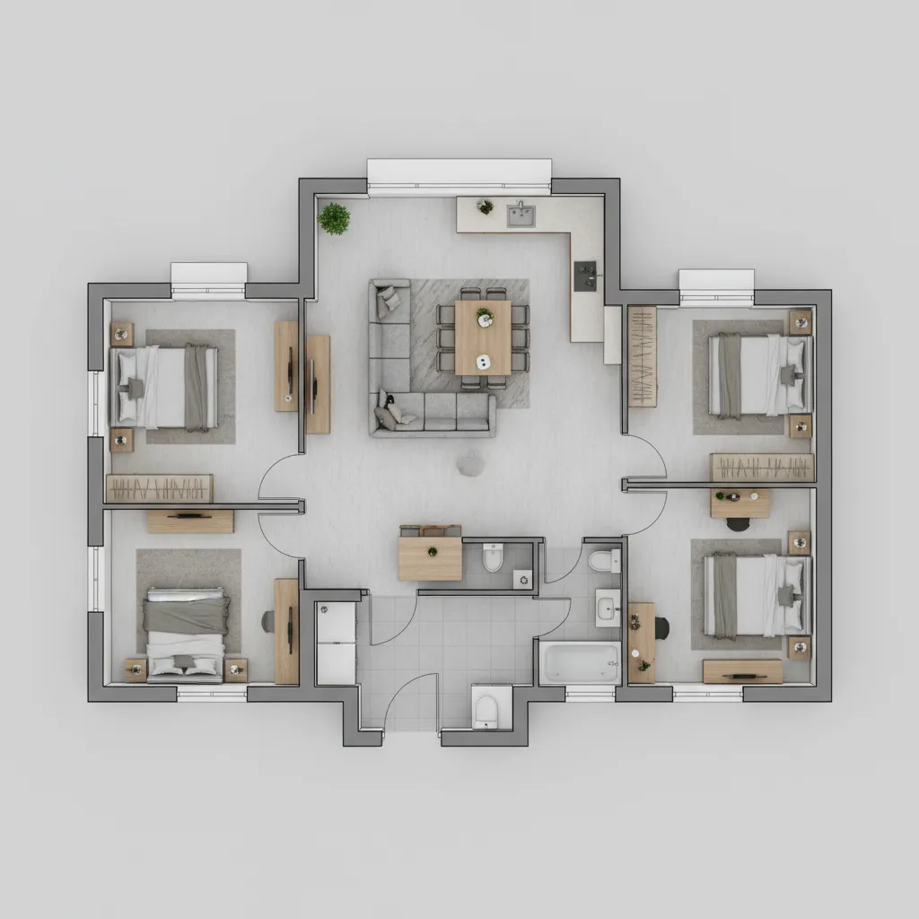 Spacious 2BHK layout plan for a 1500 sq ft house