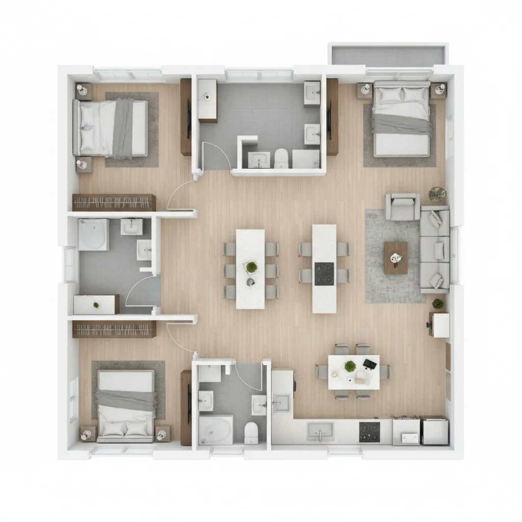 Compact 3BHK layout plan inside a 1500 sq ft house