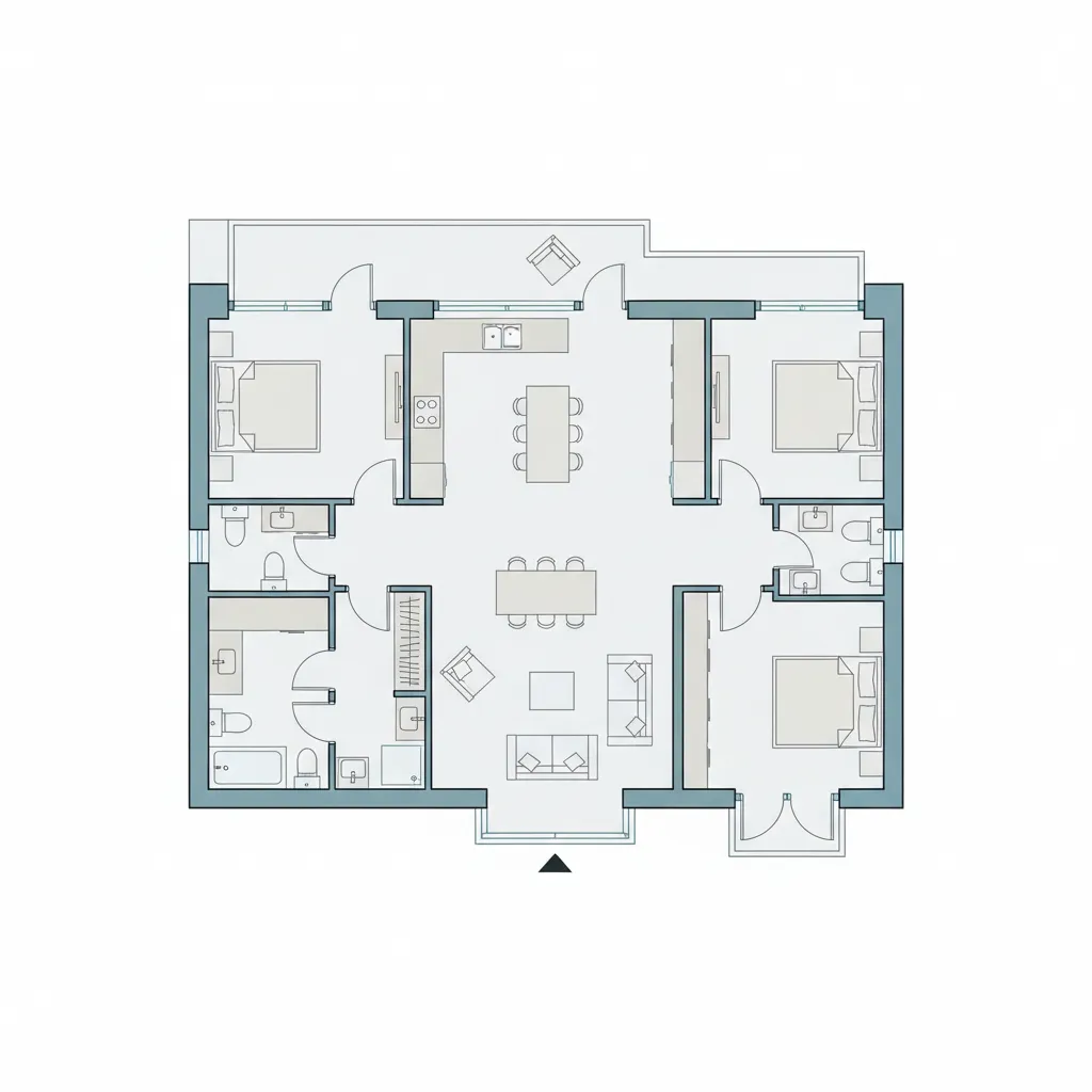 Overview floor plan of a 1500 sq ft Indian house layout
