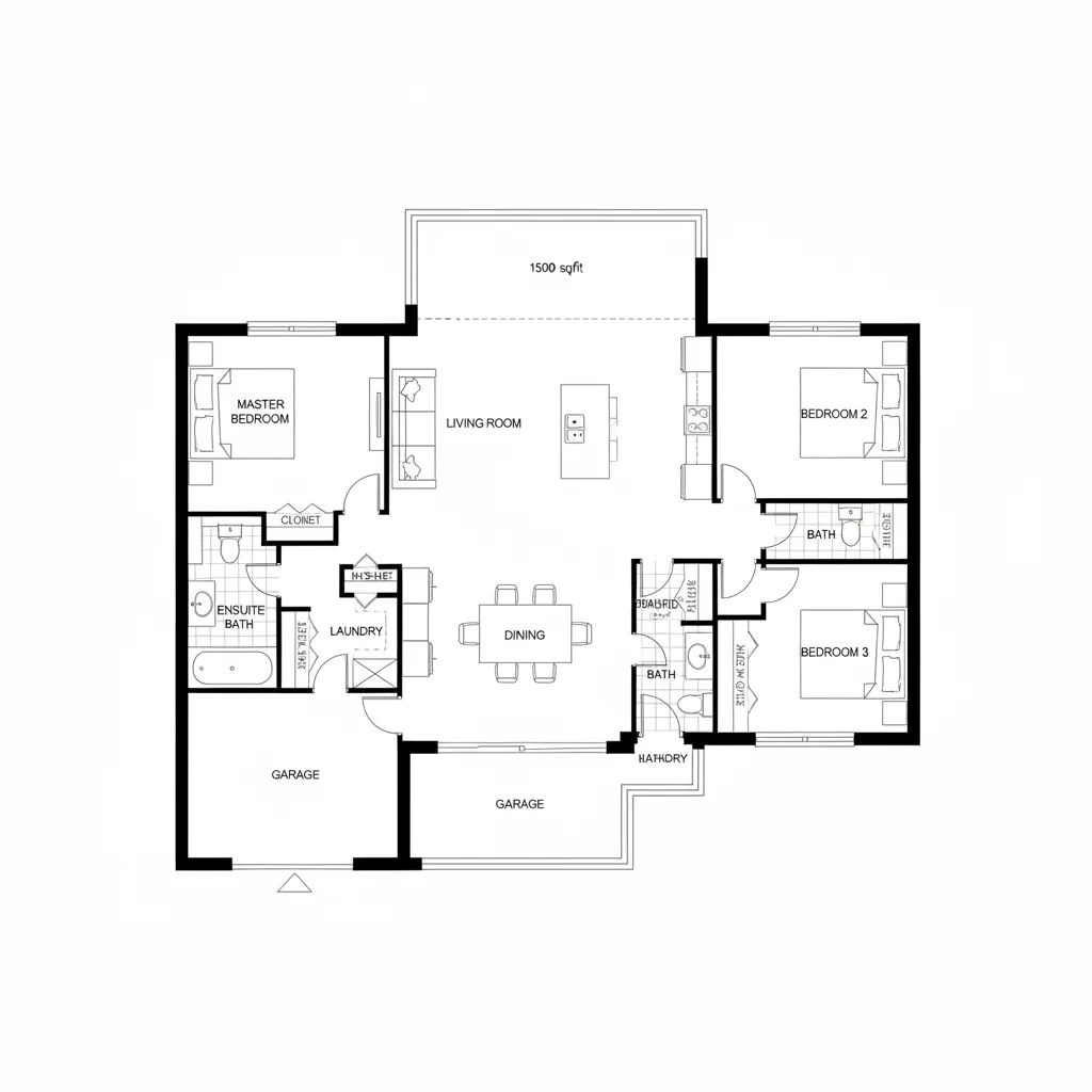 Architectural floor plan layout for a 1500 sqft one storey house with three bedrooms