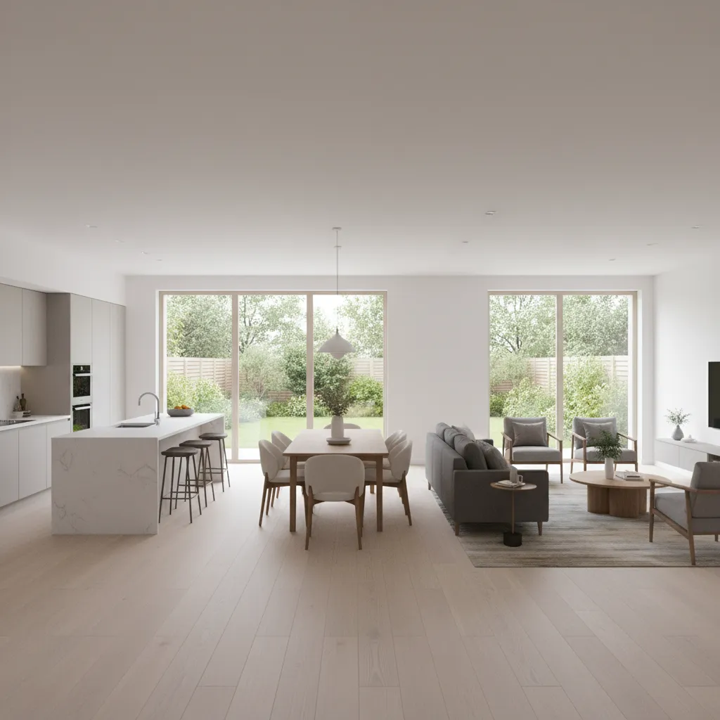 Open concept living room and kitchen layout in a 1500 sqft single storey home