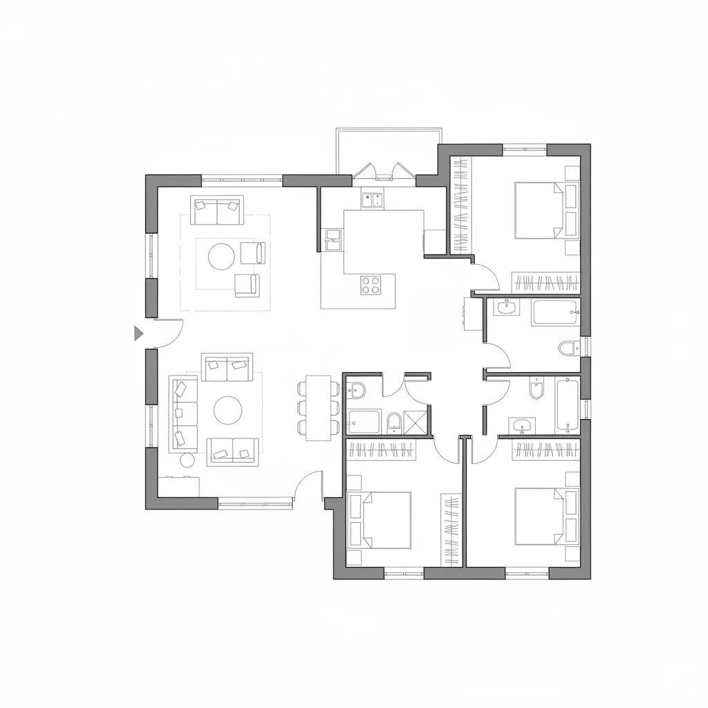 Plano arquitectónico de una casa de 150 metros cuadrados con distribución funcional