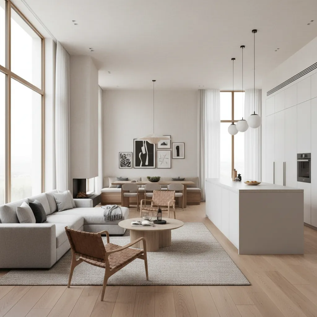 Salón amplio con cocina abierta en una casa de 150 metros cuadrados