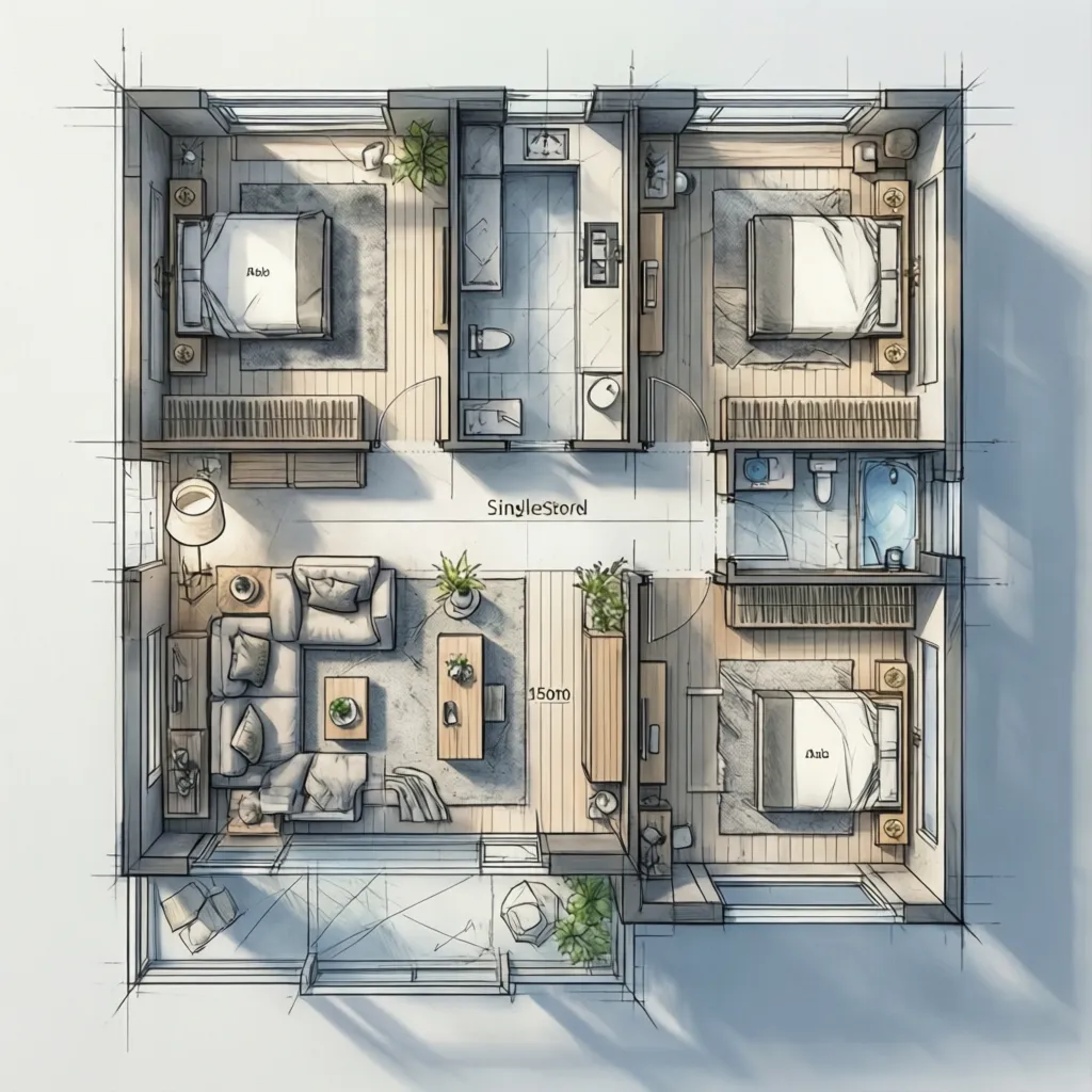Plano arquitectónico de una casa moderna de 150 metros cuadrados de una sola planta