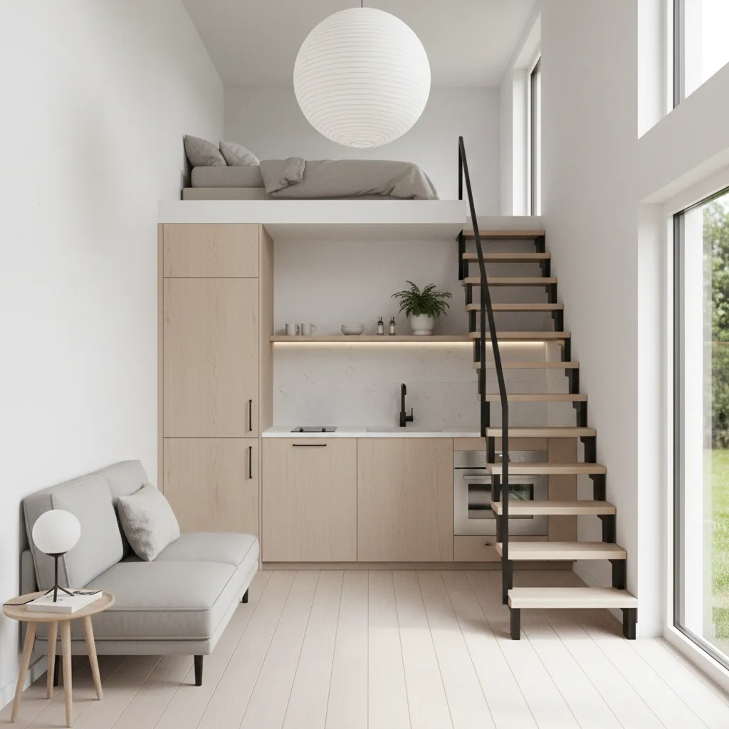 Bố trí phòng khách và bếp nhỏ trong nhà 15m2 có gác lửng