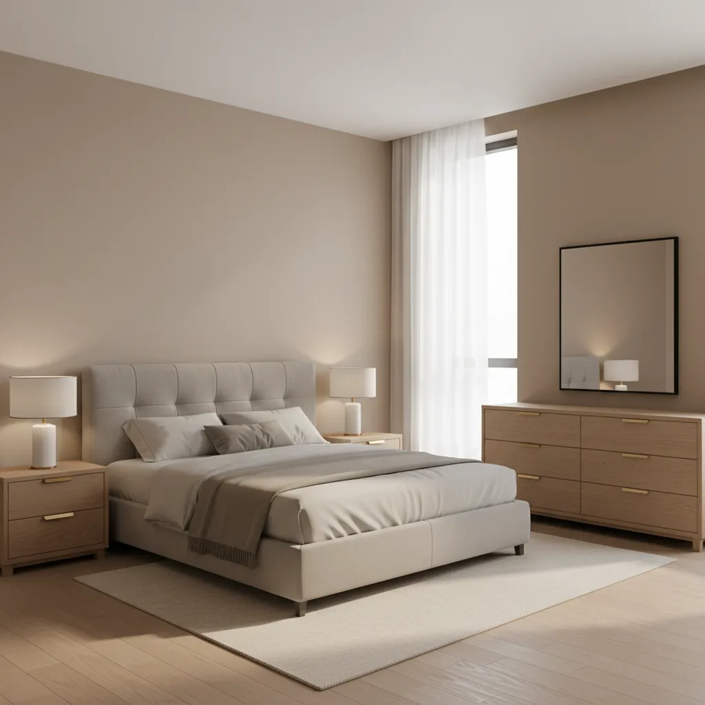 Bedroom layout with bed centered on long wall and two nightstands