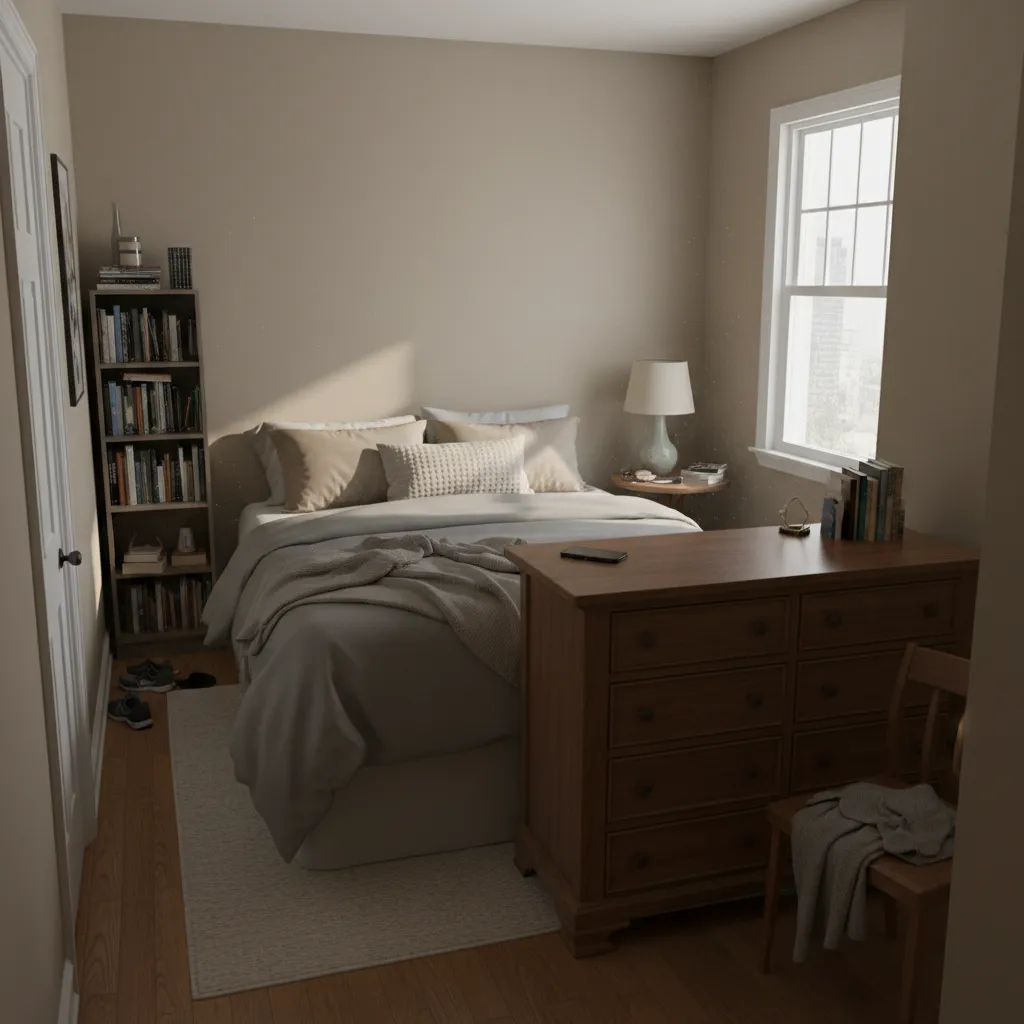 Example of a cramped 15x11 bedroom layout with blocked circulation
