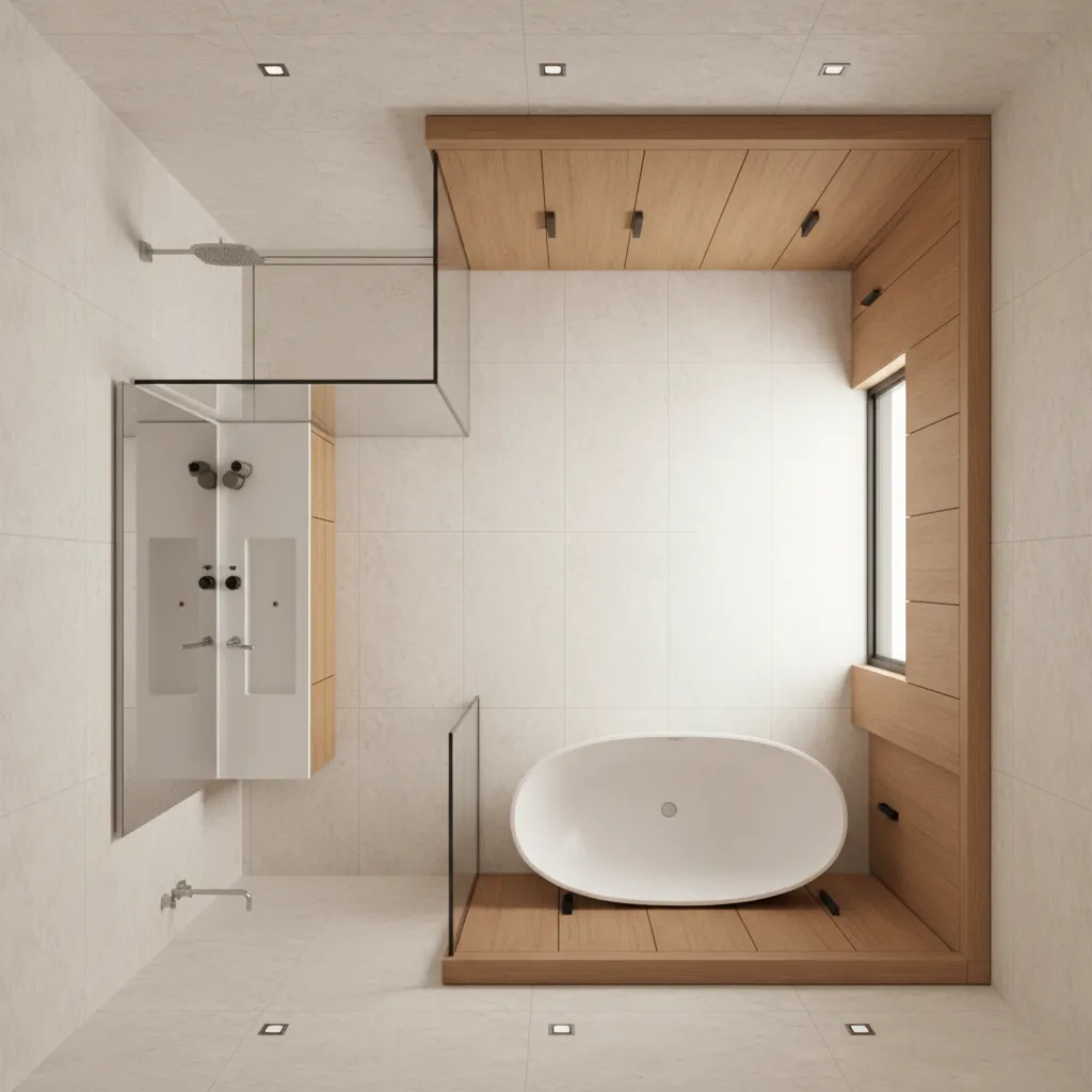 Modern 15x11 master bathroom layout showing vanity shower tub and closet zones