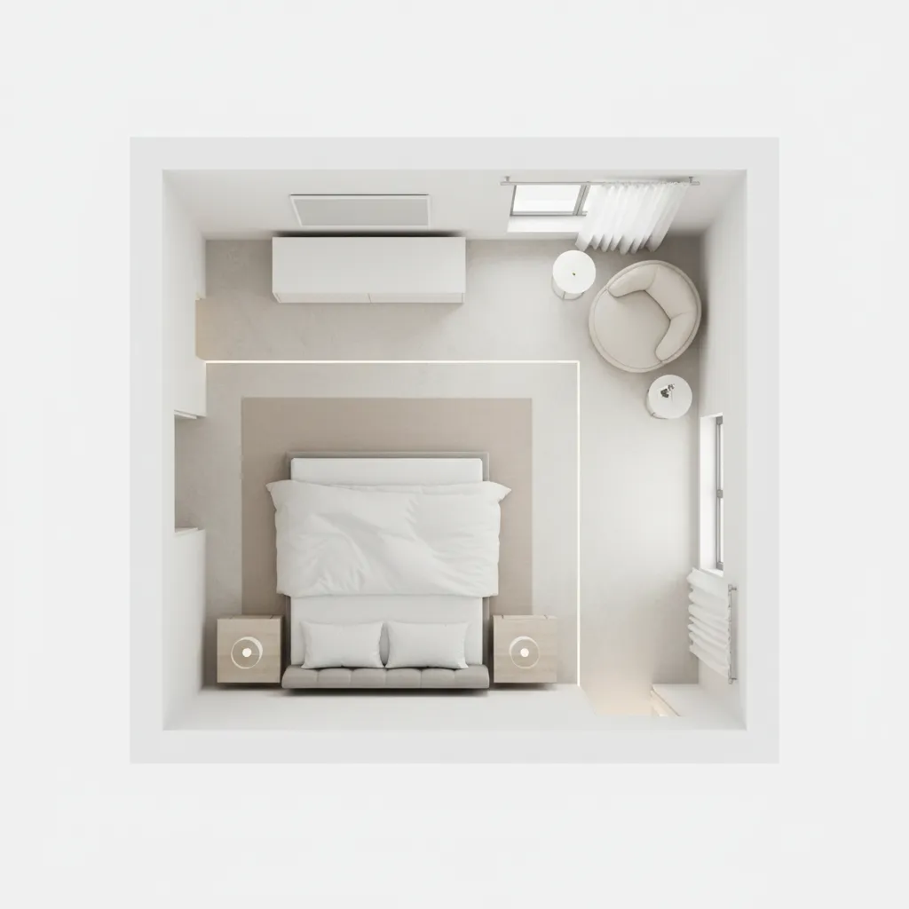 top down furniture layout plan for a 15x15 bedroom showing bed dresser and seating zones