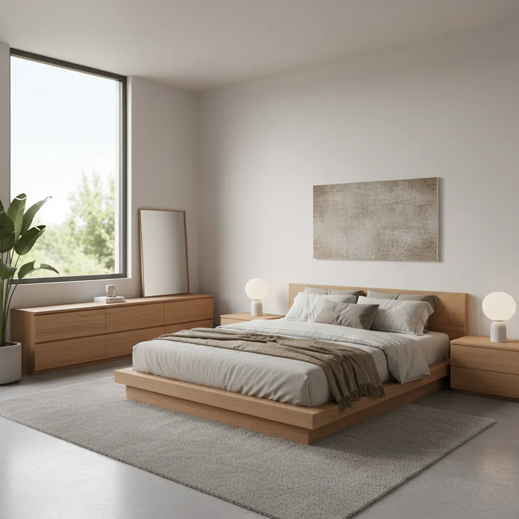 modern style 15x15 bedroom with platform bed and neutral palette