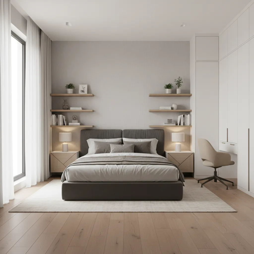 balanced 15x15 bedroom layout showing bed wardrobe and shelving