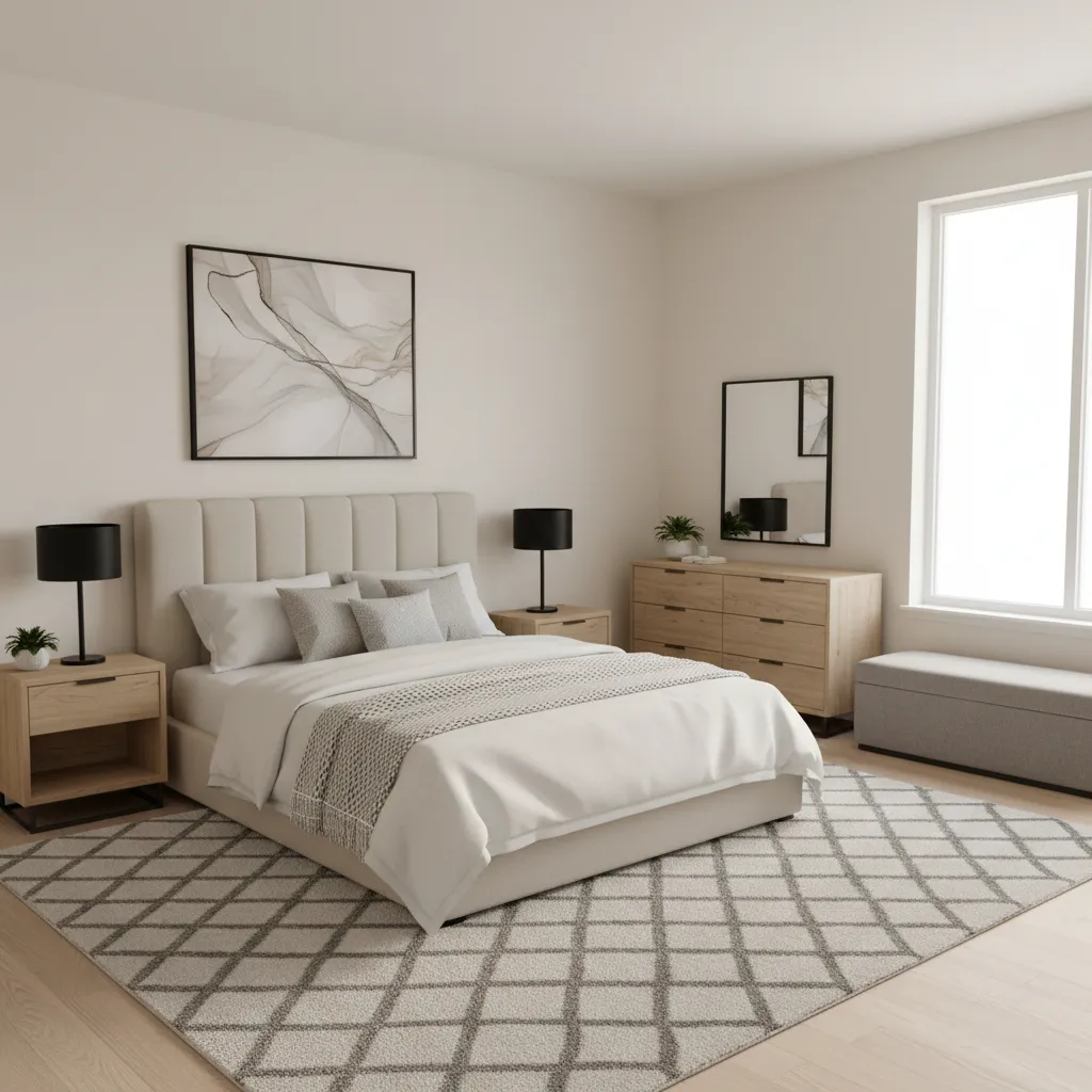 well organized 15x15 bedroom layout with storage furniture