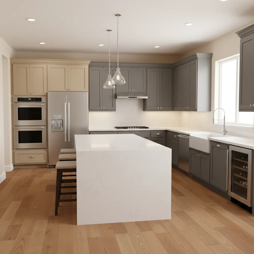 wide view of a 15x15 kitchen layout with island and balanced work triangle