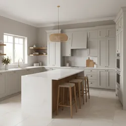 Light grey kitchen featuring marble island with three wooden stools and woven ceiling light fixture