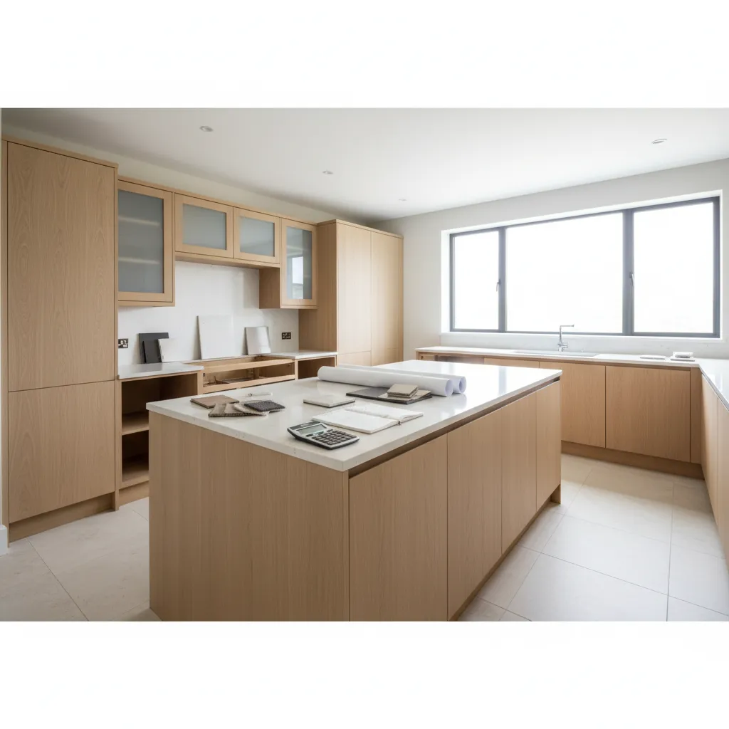 Modern kitchen featuring wood cabinets white countertops kitchen island with blueprints calculator and material samples