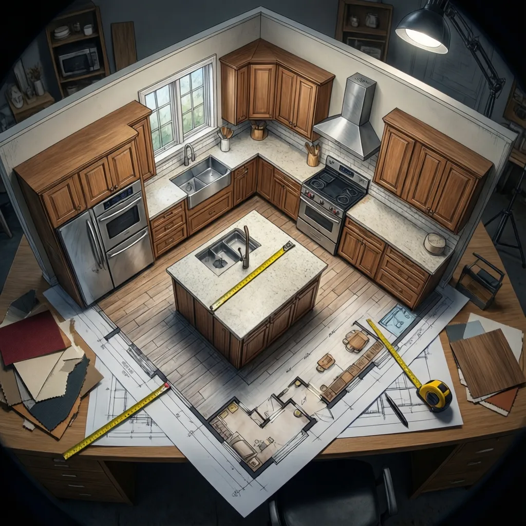 15x15 kitchen remodel layout planning with cabinets and appliances marked