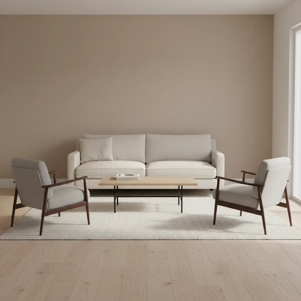 Balanced 15x15 living room with sofa and two chairs around coffee table