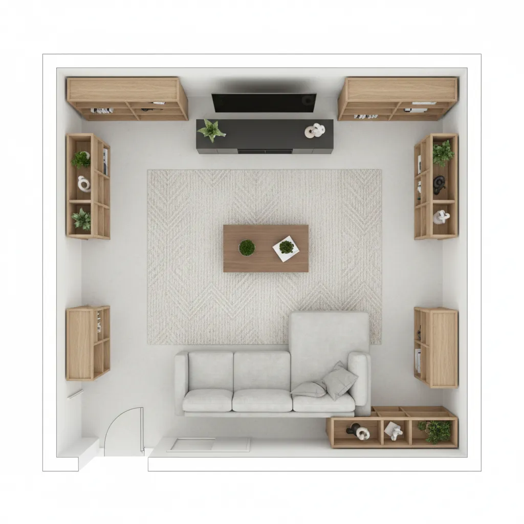 top view layout plan for a 15x15 living room with furniture placement