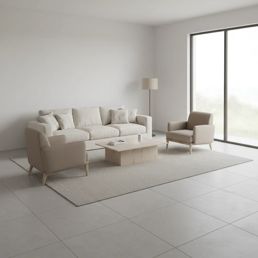 Example layout of a 15 x 15 living room with balanced furniture spacing